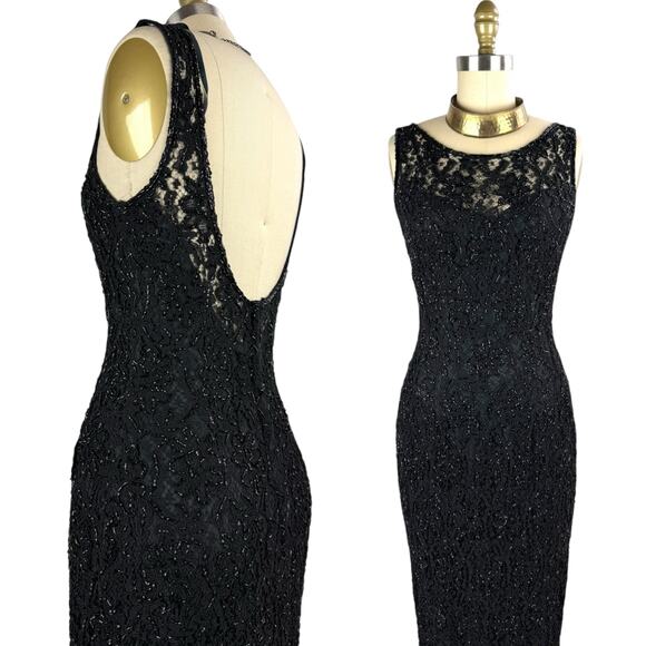 Vintage CARMEN MARC VALVO runway black lace glass beaded evening gown SIZE 4 - Picture 1 of 16